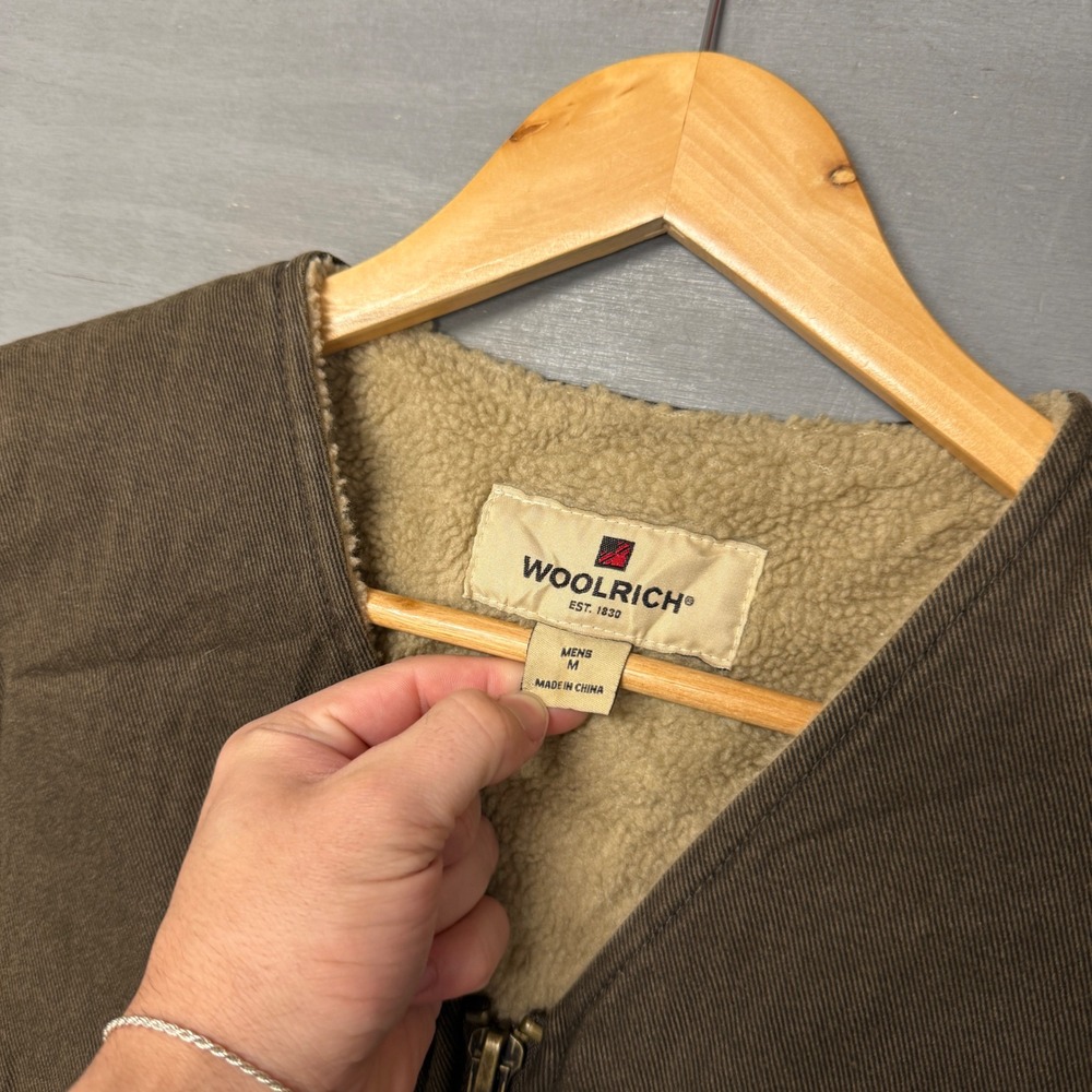 Vintage Woolrich Vest Brown Canvas Sherpa Lined Full Zip Workwear Medium - Picture 2 of 6